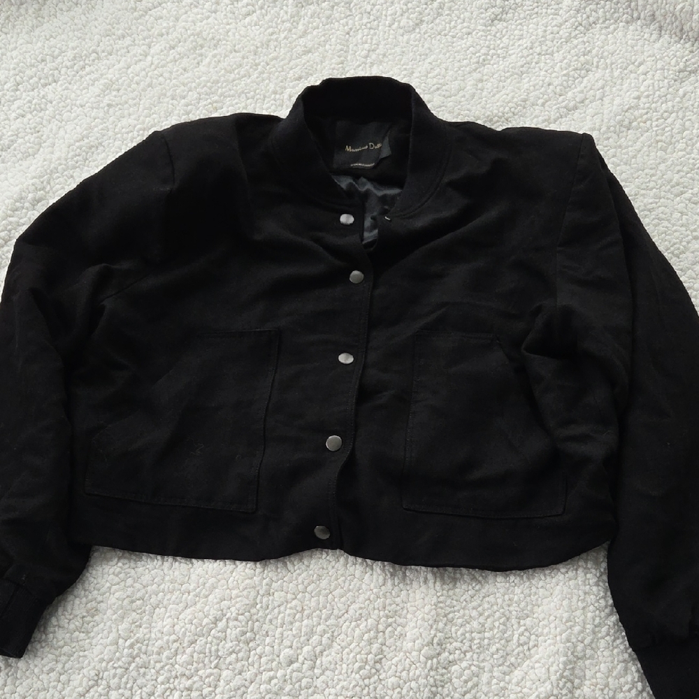 MASSIMO DUTTI Medium Women's Black Cropped Bomber Jacket With Snap Buttons